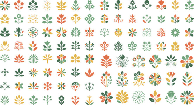 Collection of various colorful floral icons and leaves on white background for design