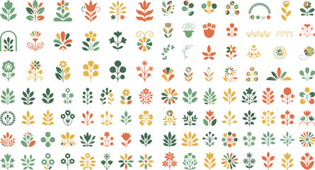 Obraz premium Collection of various colorful floral icons and leaves on white background