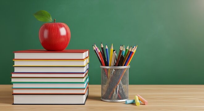 Back to school essentials books apple and colorful stationery on a desk