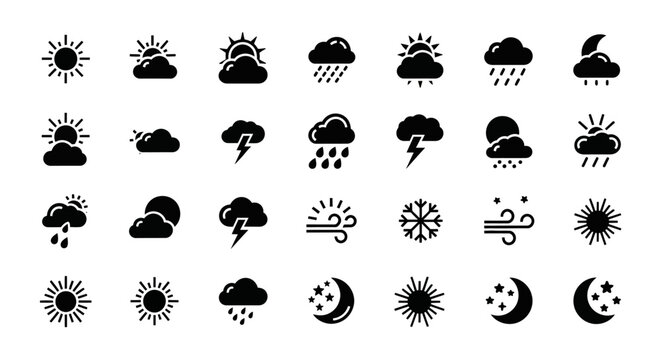 Weather icons set black symbols for forecast and climate sunny cloudy rainy stormy snowy windy conditions