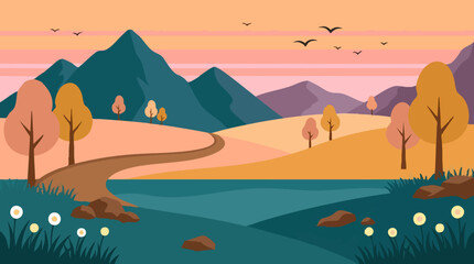 Fototapeta premium Flat design landscape with mountains, autumn trees, river, and winding path