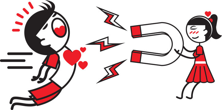 Cartoon love magnet illustration, romantic attraction concept with girl pulling boy, red heart and lightning bolt symbols, vector character art