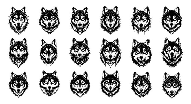 Set of 15 wolf head illustrations in various expressions and fur textures on white background
