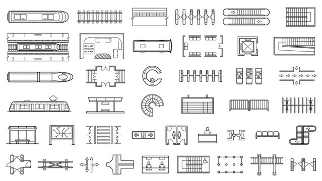 Public Transport CAD Blocks Premium Top View Architectural Vector Collection of Railway Platforms Bus Terminals and Escalators Editable Line Art Elements