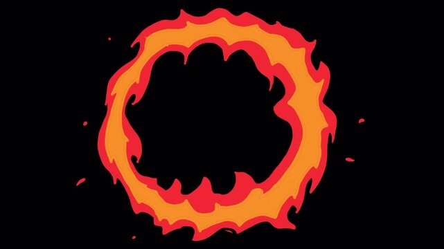Cartoon fiery ring in 2D style on a black screen. Stock video with a fire obstacle for circus or motocross in 4K.