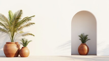 Obraz premium Mediterranean Archway Zen Minimalist White Wall, Terracotta Pots with Palms, Sunlight and Shadows. Serene Biophilic Interior Oasis. Boho, Tranquil
