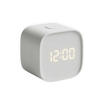 Modern small digital alarm clock with a light grey square design on display isolated on transparent background