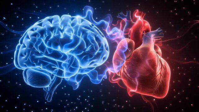 Glowing blue human brain and red anatomical heart connected by electrical impulses in motion sequence
