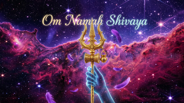 Om Namah Shivaya Golden Trishul Cosmic Nebula Astrophotography Photo
