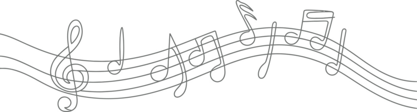 Abstract continuous line drawing of musical notes clefs symbols on a flowing staff graphic represents music