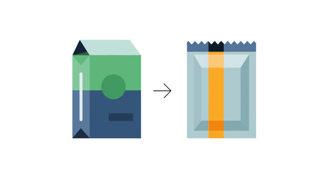 Vector Illustration of Packaging Transition from Bulk Box to Single-Serve Sachet, Minimalist Design for Logistics and Manufacturing Concepts
