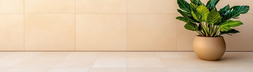 Fototapeta premium Minimalist scene Elegant green houseplant in a beige pot against a light neutral tiled wall and floor, offering ample copy space. Clean interior design backdrop. indoor plant, home