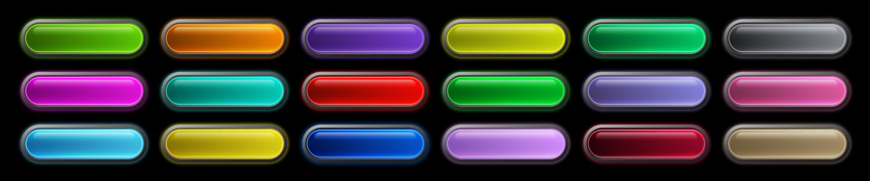 3D Glossy Capsule Button Set with Vibrant Neon Glow Elements for UI UX Game Design, Editable AI file