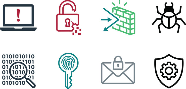 Outline Style Cyber Threat and Security Icon Set with Hacked Laptop, Broken Lock, Firewall, Bug, Binary Code, Fingerprint Key and Shield for Digital Safety Design