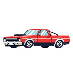 Fototapeta premium Classic red pickup truck illustration on white background, vector graphic.