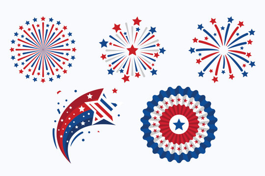 Festive Red Blue White Stars Fireworks and Rosette Decoration Elements Collection Perfect for Decoration USA America
