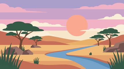 Obraz premium Flat design African savanna landscape with winding river and sunset