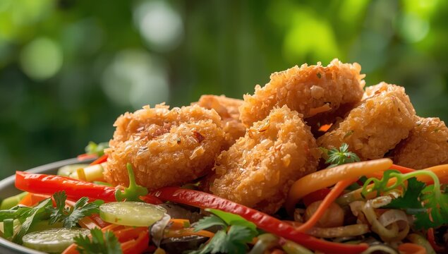 Close-up of spicy tropical salad with deep-fried snakehead fish bites in homemade Thai cuisine.