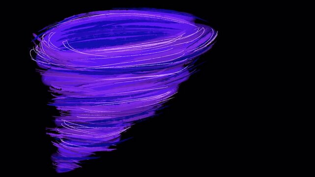 Video transition with a cartoon whirlwind on a black background. Stock video with tornado effect for scene change in 4K.