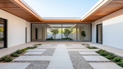 Fototapeta premium Modern Minimalist Courtyard Geometric Paving, Wood Ceiling and Skylight Framing a Glass Wall Connecting Tranquil Indoor-Outdoor Spaces with Abundant Natural Light. Architecture,