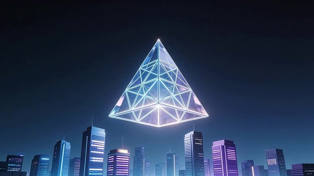 Futuristic glowing pyramid over city skyline