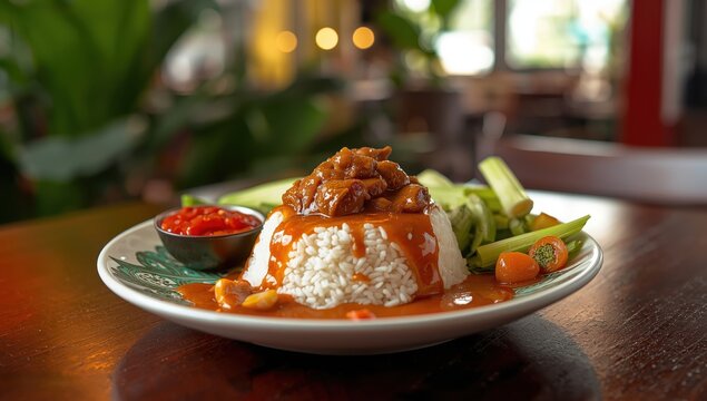 Indonesian Nasi Padang Kikil, photographed on July 13, 2025, features steamed rice with spicy beef tendon curry, vegetables, sambal, and coconut gravy for a strong Minang taste.