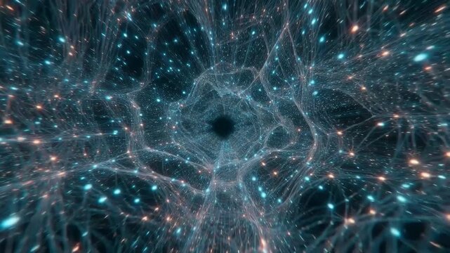 Abstract glowing network of flowing lines and particles in digital style on dark background, concept of data flow, connectivity