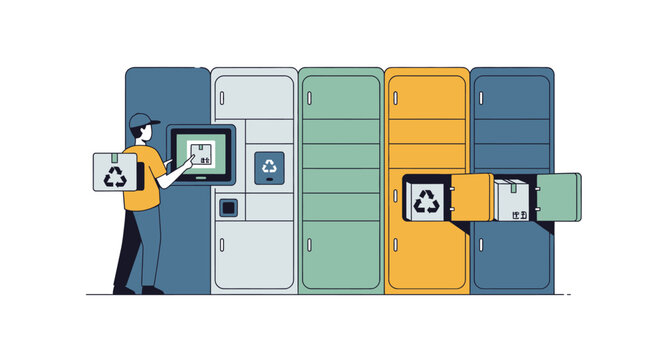Courier Using Smart Automated Parcel Locker for Sustainable Package Delivery and Recycling - Vector Illustration