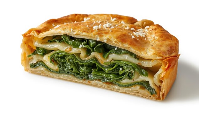 Spinach-filled pastry. Classic Turkish dish. Spinach pie with breakfast phyllo on white background.