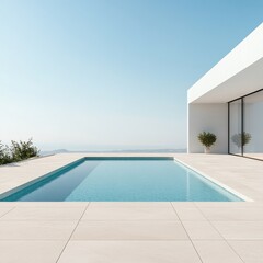 Fototapeta premium Modern Minimalist Infinity Pool on Tiled Terrace, Overlooking Panoramic Ocean Views with White Architecture under a Clear Sky. Serene Luxury. Resort, Escape