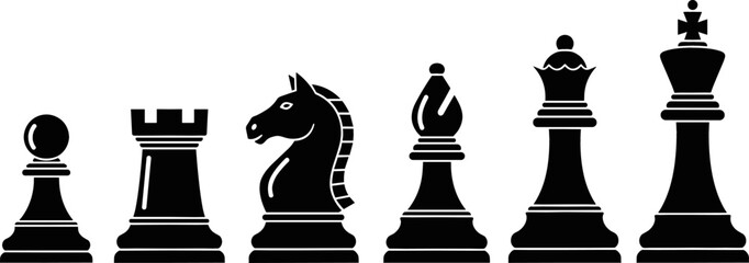 Minimalist Black Chess Pieces Vector Set Featuring King Queen Rook Bishop Knight and Pawn Icons for Strategy Business and Gaming Graphic Designs © Borsha