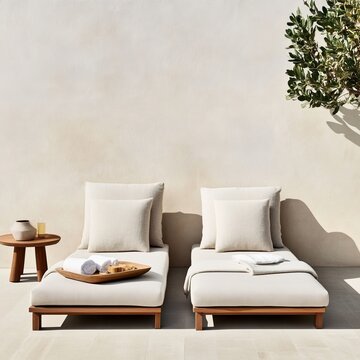 Modern minimalist outdoor haven Two neutral chaises longues, wooden side table with spa elements, textured wall and olive branch shadow. Serene relaxation. Outdoor Living, Spa Retreat