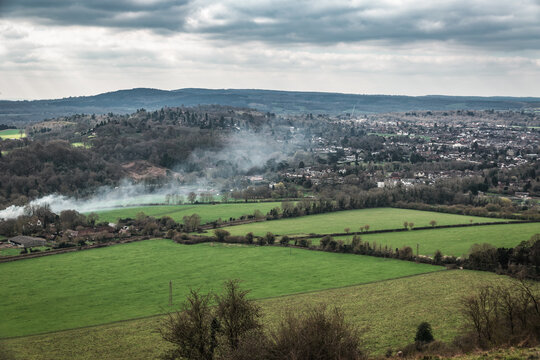 English countryside and the town Dorking seen from Box Hill viewpoint in Surrey, UK
