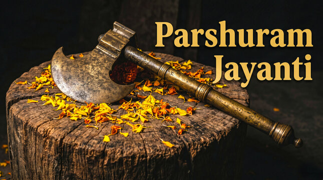 Parshuram Jayanti Brass Parashu Axe Marigold Petals Moody Photo, Happy Parshuram Jayanti
