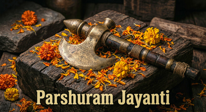 Parshuram Jayanti Brass Parashu Axe Marigold Petals Moody Photo, Happy Parshuram Jayanti
