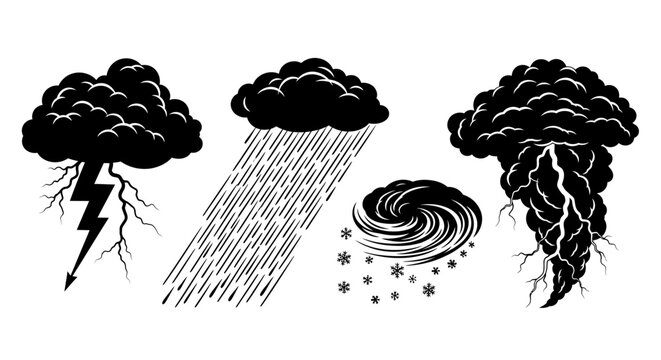 Weather icons set with stormy clouds rain lightning snowflakes and tornado symbolizing different types of weather conditions