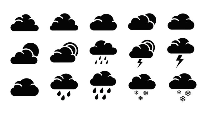 Weather forecast icons set with rain snow lightning and cloudy symbols on white background