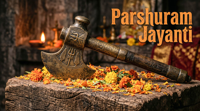 Parshuram Jayanti Brass Parashu Axe Marigold Petals Moody Photo, Happy Parshuram Jayanti
