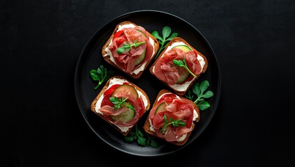 Naklejka premium Black open-faced sandwiches featuring cream cheese, prosciutto, cucumber, and arugula. Aerial view with text space.