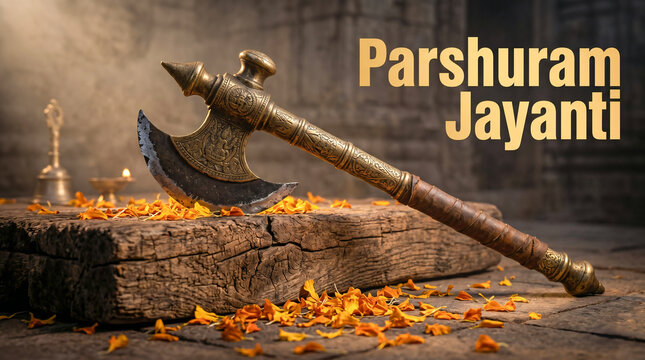 Parshuram Jayanti Brass Parashu Axe Marigold Petals Moody Photo, Happy Parshuram Jayanti
