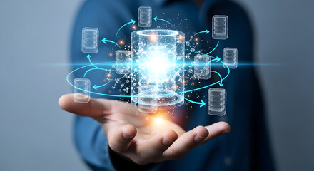 Fototapeta premium Person presenting glowing blue technology icons in hand indoors