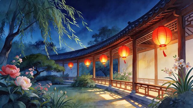 Traditional Asian garden at night