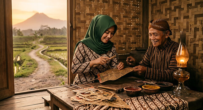 Artisans crafting traditional Indonesian Wayang Kulit shadow puppets in a rural workshop with a scenic view