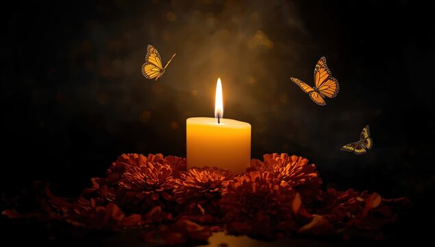Lit candle, butterflies, and marigolds on a dark abstract backdrop. Cempasuchil flowers represent Mexico's Day of the Dead. Concept of Dia de los Muertos and spiritual ritual.