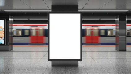 Fototapeta na wymiar Blank poster mockup for advertising in a generic train station; OOH display. Front view of an empty MRT platform.