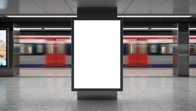 Blank poster mockup for advertising in a generic train station; OOH display. Front view of an empty MRT platform.