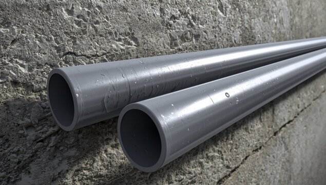 Detail of two grey PVC pipes on a textured concrete base, ideal for construction, plumbing, and industrial uses.