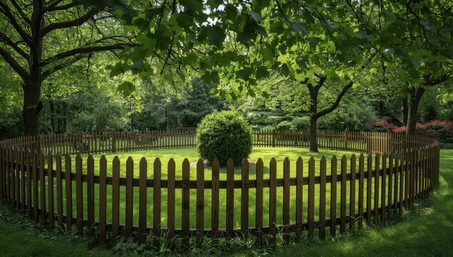 A rectangular brown wooden fence surrounds a vibrant garden with trees and grass. Mature maples with green foliage stand tall, while the grass is dense. Inside, there's one shrub.