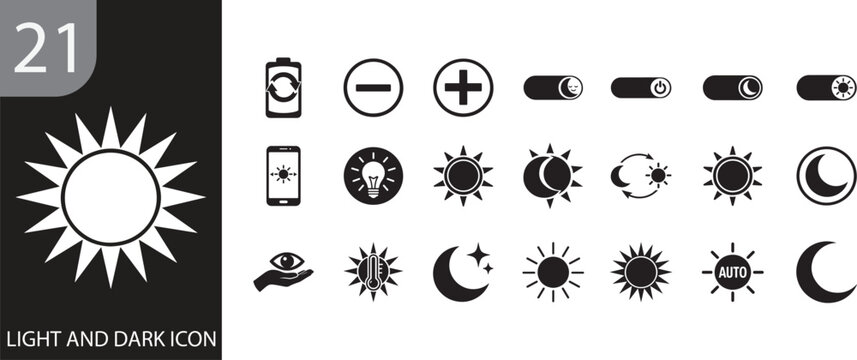 Modern light and dark mode interface icon set with sun and moon symbols vector design