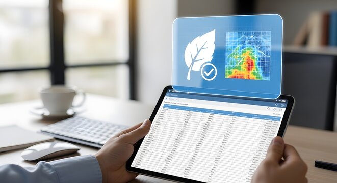 Businessperson analyzing data on tablet with digital overlay of sustainability metrics and heat map